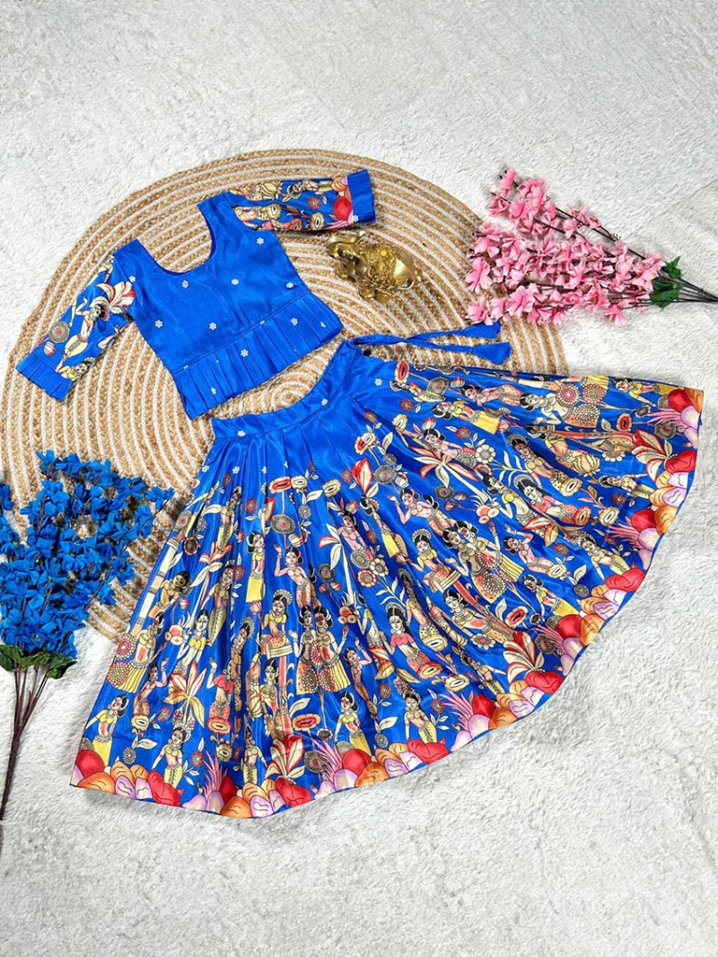 Ethnic Traditional Royal Blue Dola Silk Kids Lehanga Suit