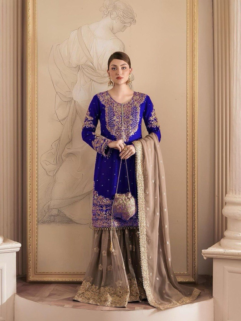 Elegant Ethnic Royal Blue Faux Georgette Embroidered Sharara Suit