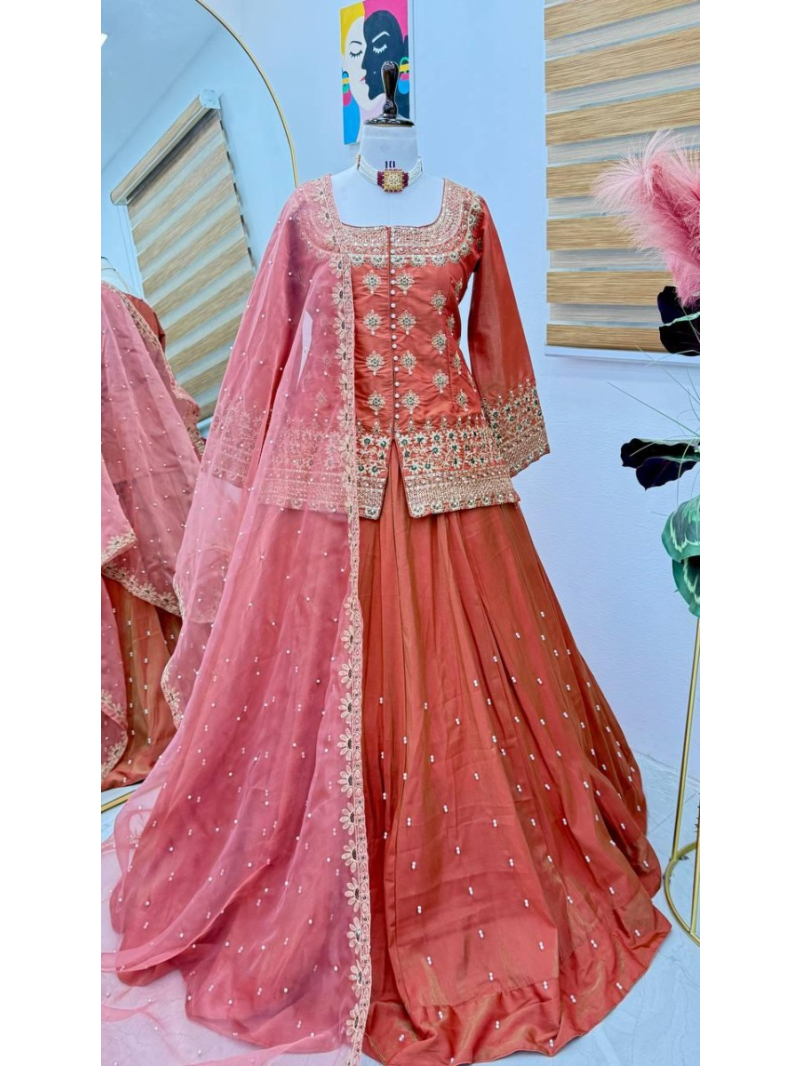 Elegant Festive Rust Peach Shimmer Silk Lehanga Suit