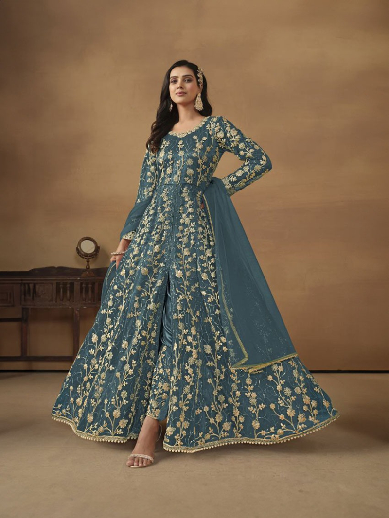 Elegant Sea Blue Butterfly Net Anarkali Suit