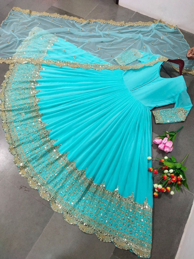 Elegant Festive Sky Blue Embroidered Anarkali Gown Suit