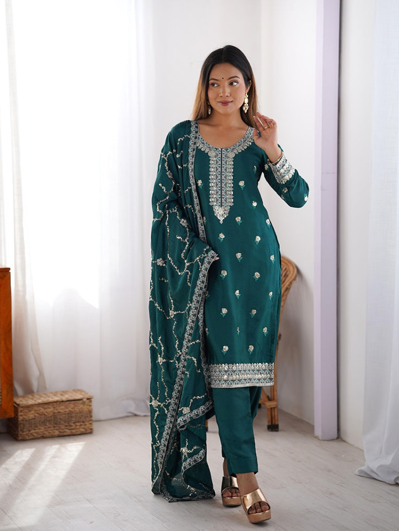 Authentic Ethnic Festive Teal Blue Chinnon Silk Straight Suit