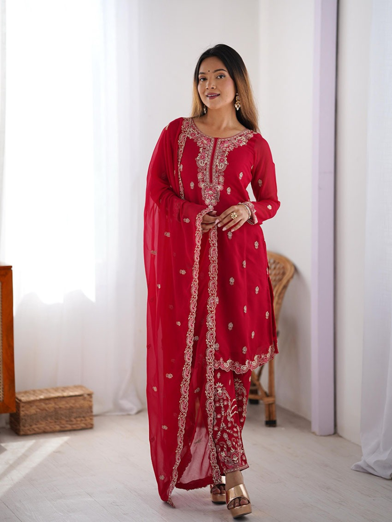 Traditional Ethnic Festive Red Faux Georgette Straight Suit