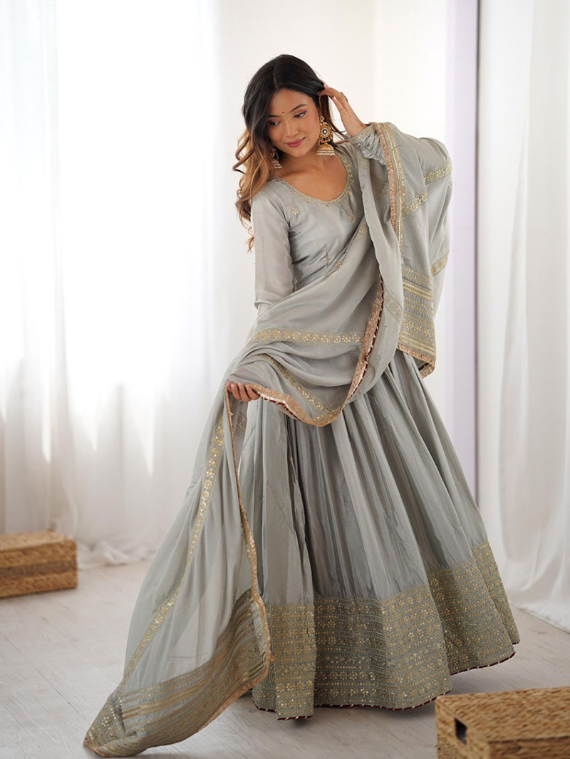 Ethnic Traditional Festive Grey Chinnon Silk Anarkali Suit