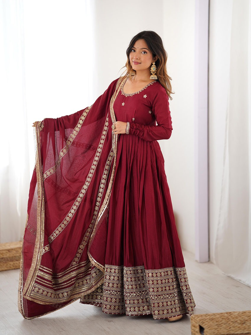Elegant Ethnic Traditional Maroon Chinnon Silk Anarkali Suit