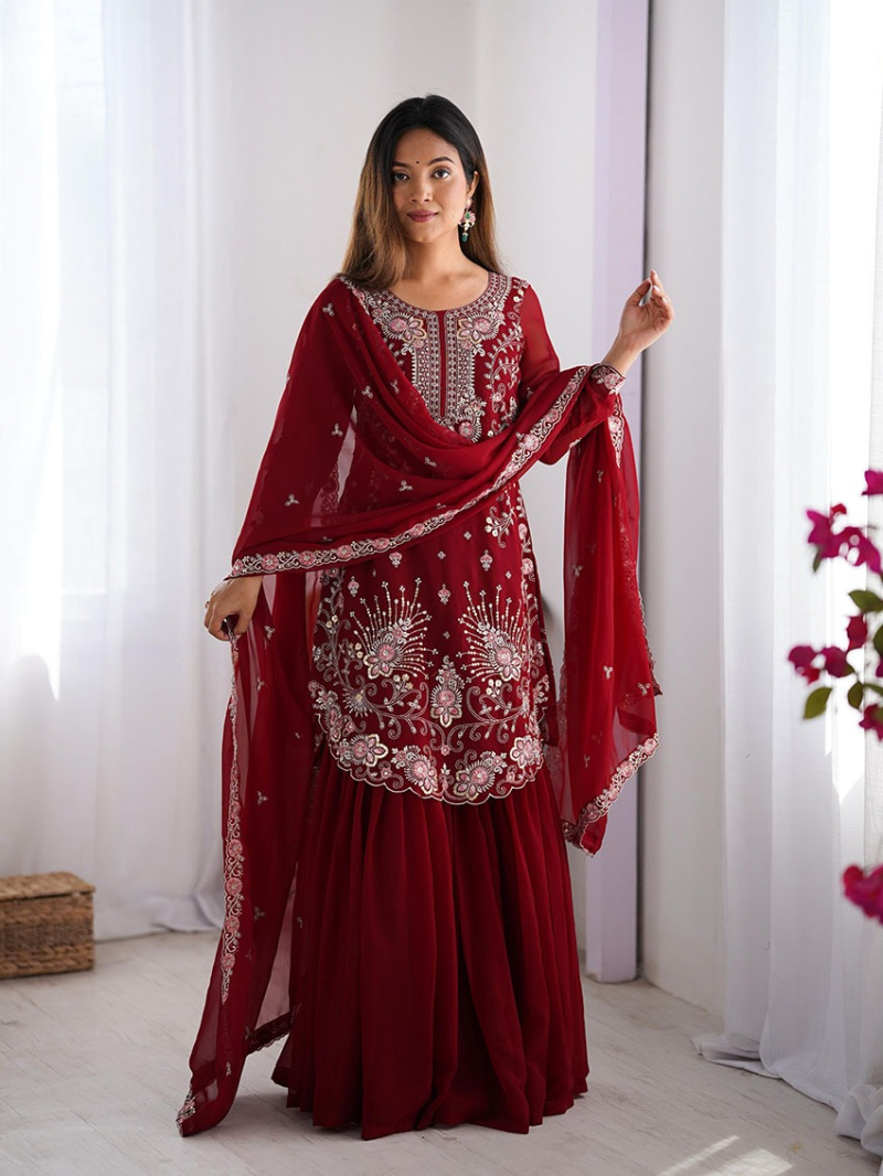 Elegant Festive Traditional Maroon Georgette Sharara Suit