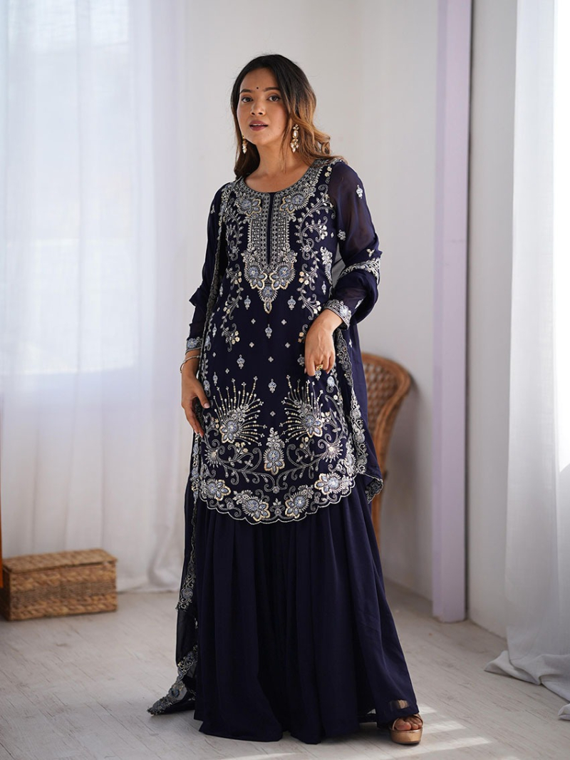 Ethnic Elegant Festive Navy Blue Georgette Sharara Suit