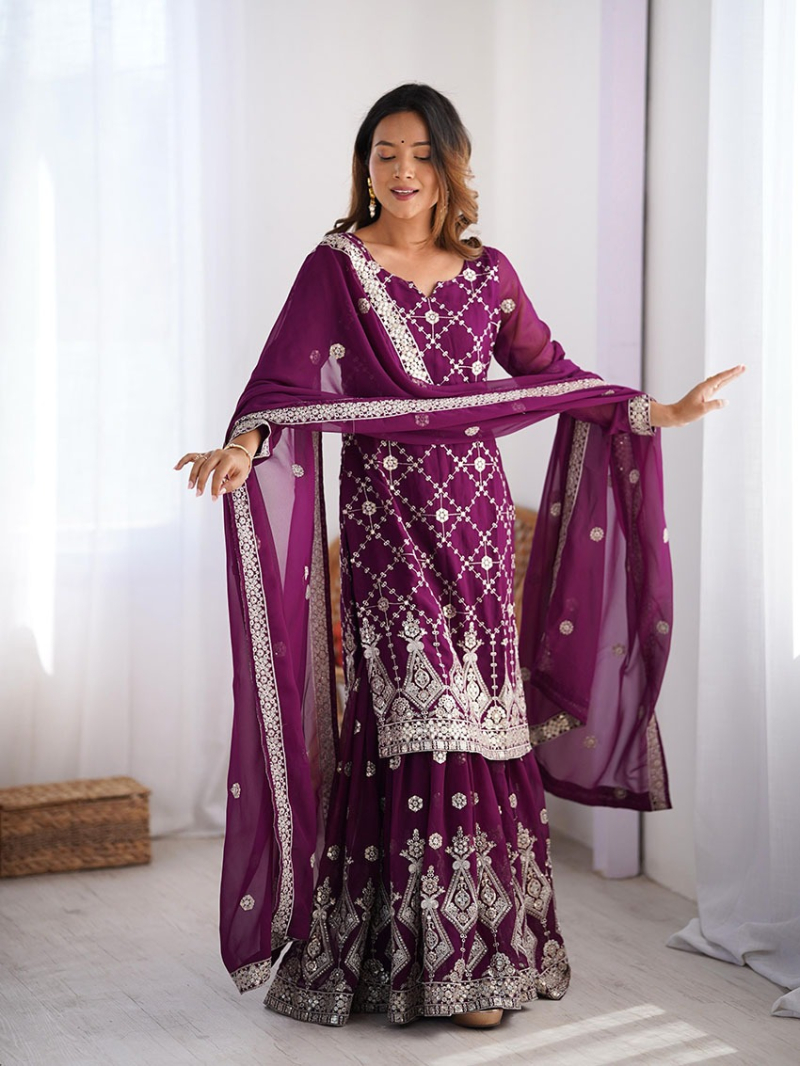 Ethnic Traditional Festive Plum Faux Georgette Plazo Suit