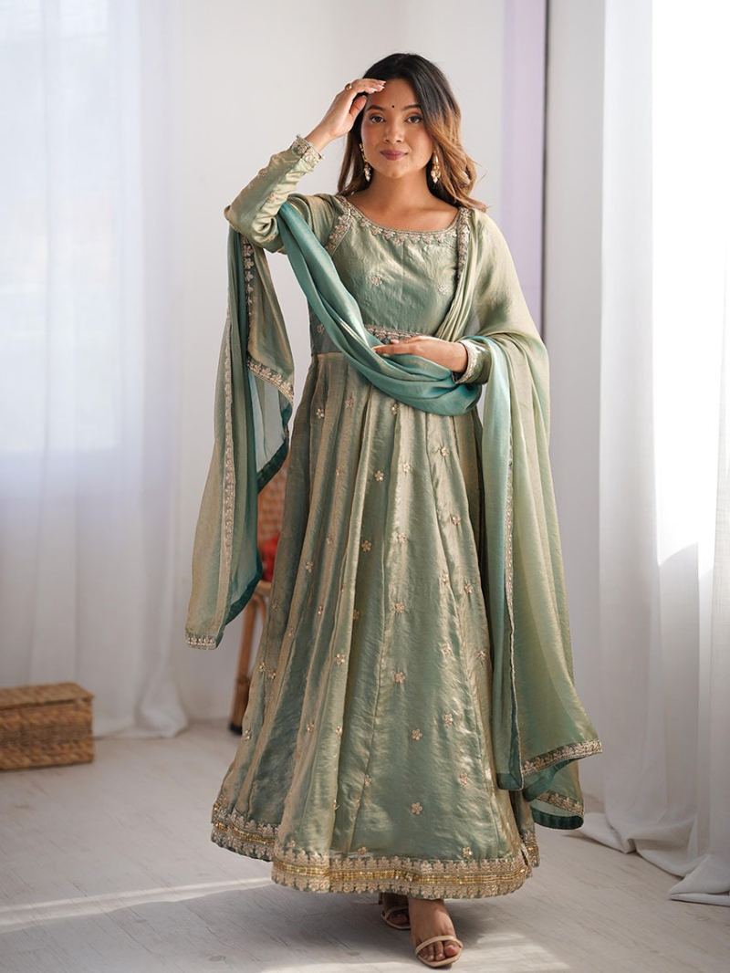 Elegant Traditional Festive Fendi Silk Anarkali Suit