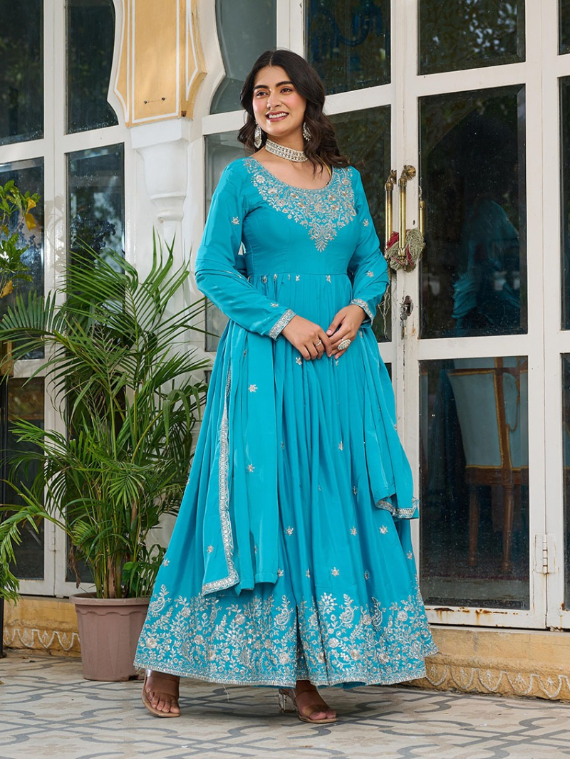 Ethnic Traditional Festive Sky Blue American Silk Anarkali Suit