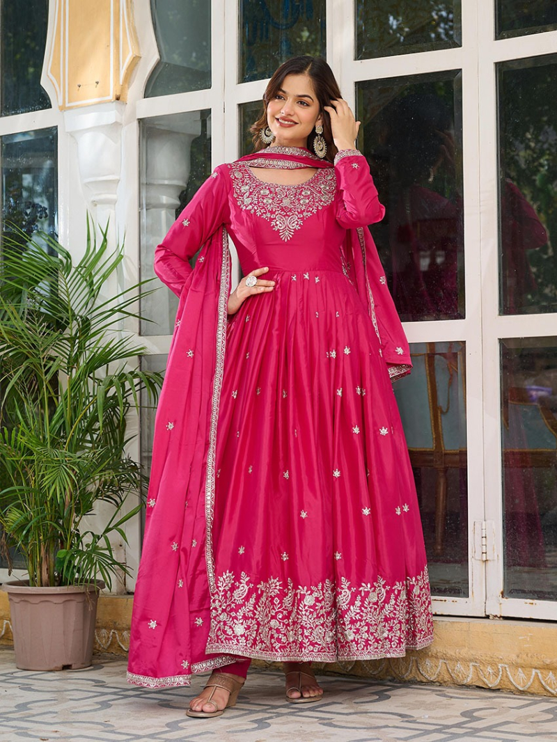 Festive Traditional Ethnic Rani Pink American Silk Anarkali Suit