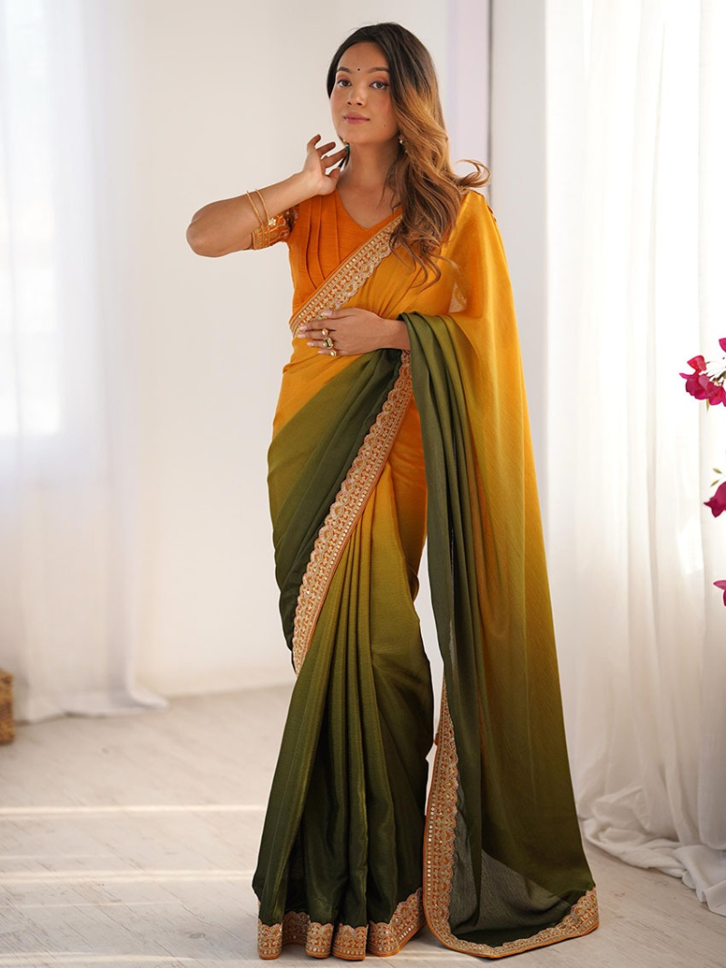 Traditional Ethnic Festive Mustard & Green Chinnon Silk Saree