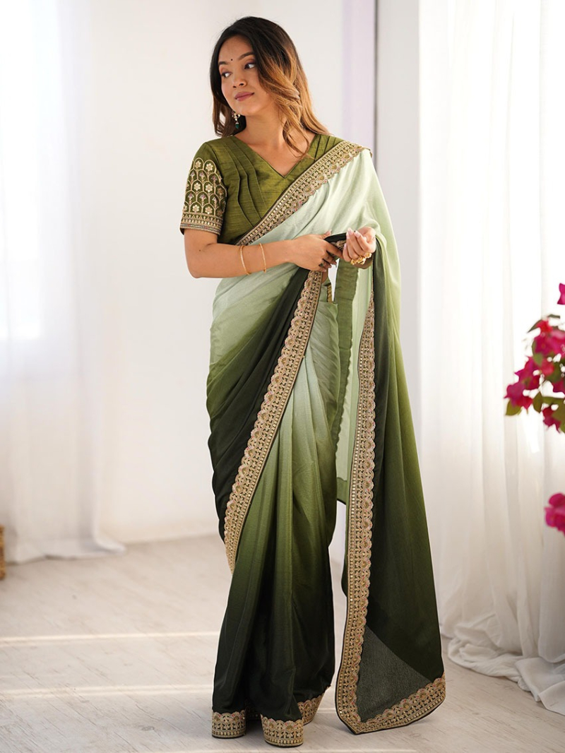  Ethnic Festive Traditional Olive Green & Pista Chinnon Silk Saree