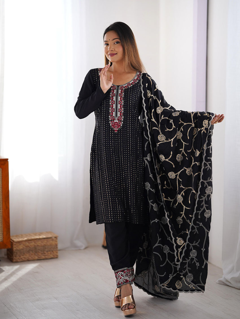 Designer Ethnic Festive Black Chinnon Silk Straight Suit