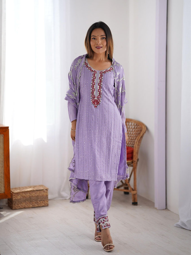 Traditional Ethnic Festive Lavender Chinnon Silk Straight Suit