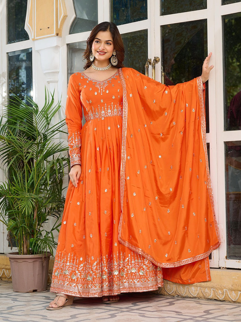 Traditional Ethnic Festive  Orange American Silk Anarkali Suit