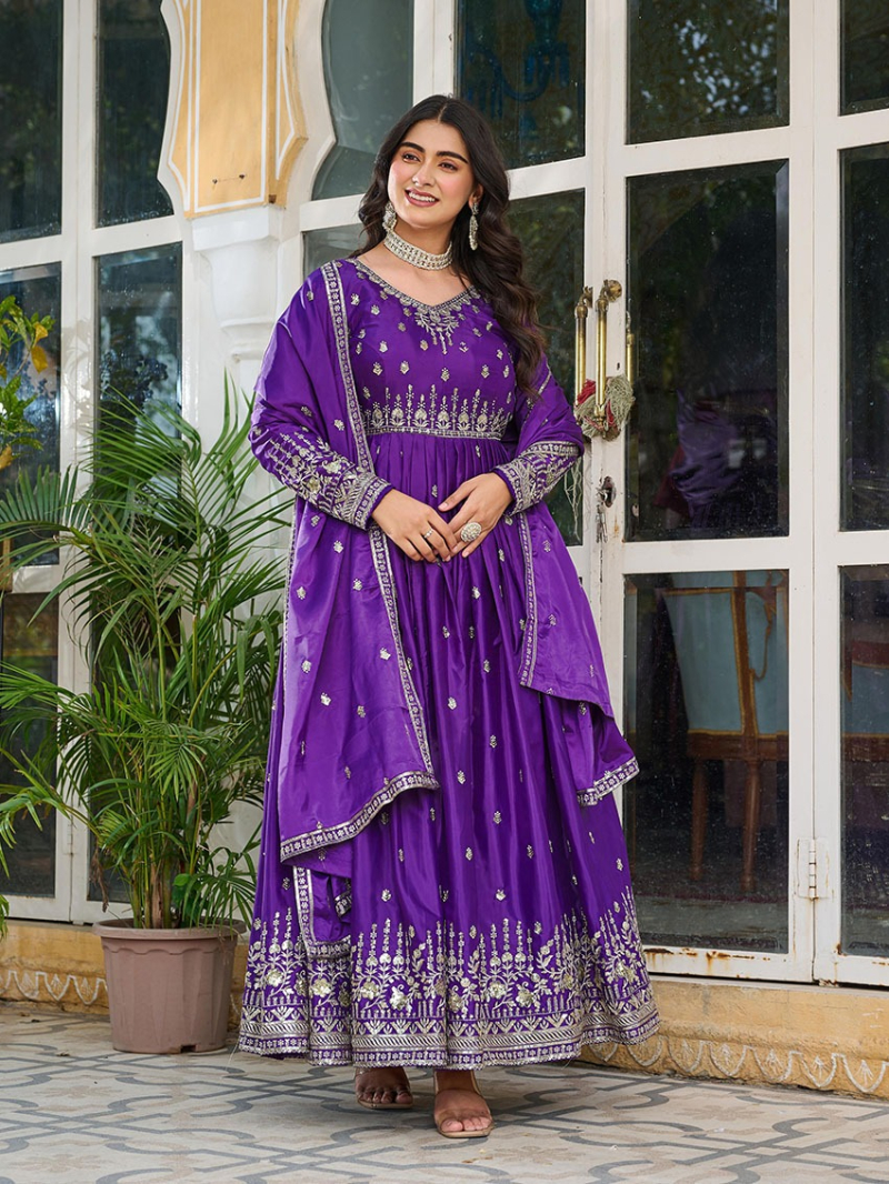 Elegant Ethnic Festive Purple American Silk Anarkali Suit