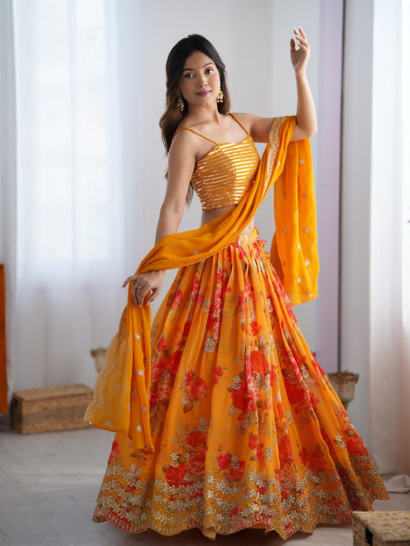 Designer Ethnic Traditional Orange Faux Georgette Lehanga Suit