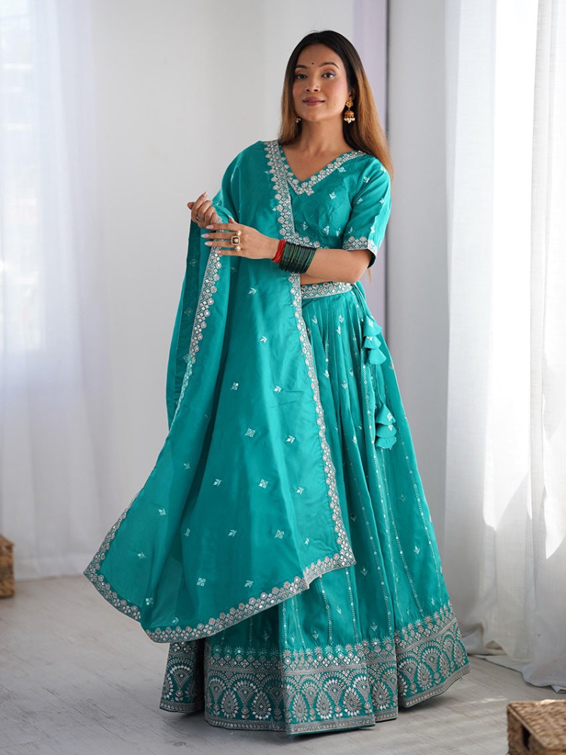 Designer Traditional Ethnic Turquoise Blue Shimmer Silk Lehagna Suit