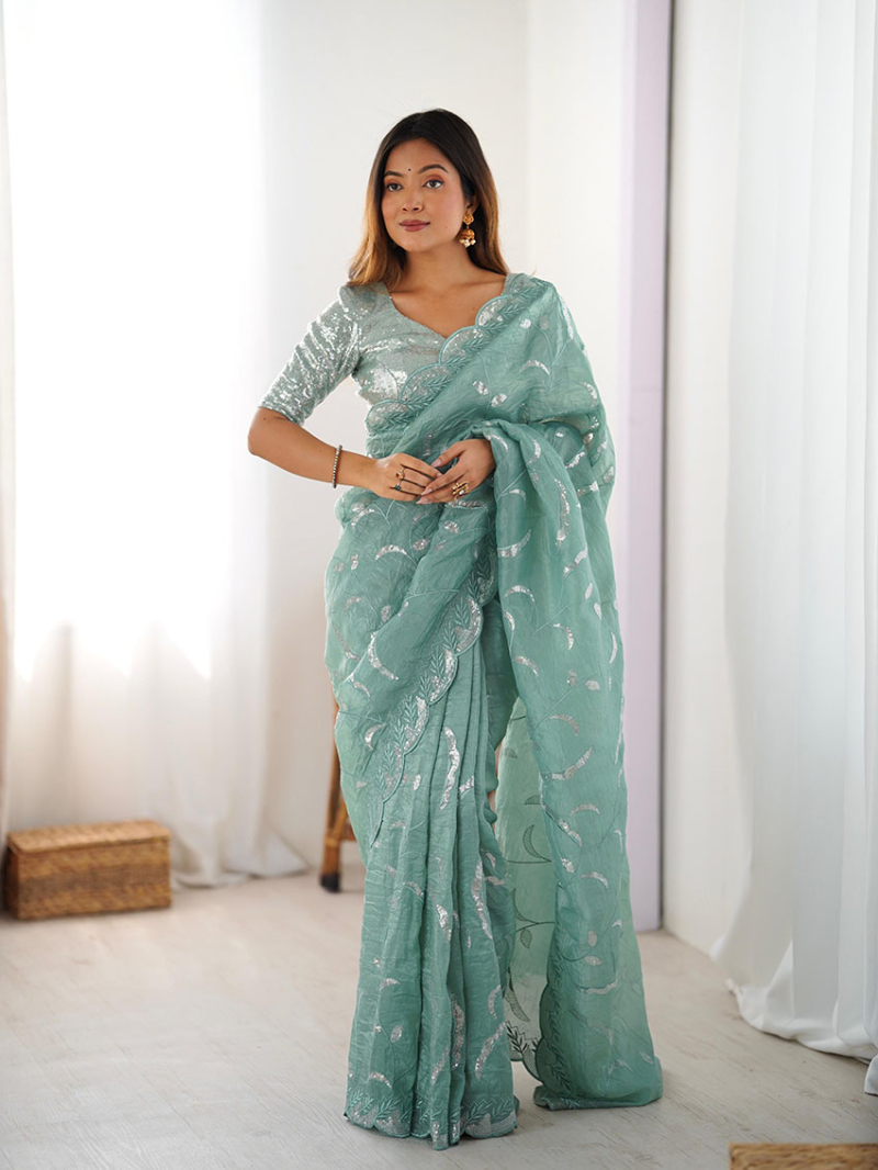 Traditional Festive Ethnic Dusty Teal Green Gold Crush Saree