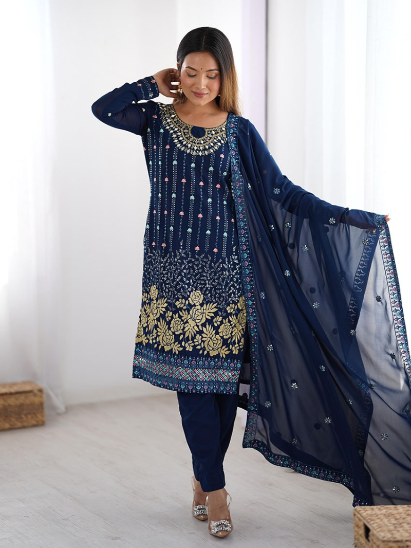 Authentic Traditional Festive Navy Blue Faux Georgette Straight Suit