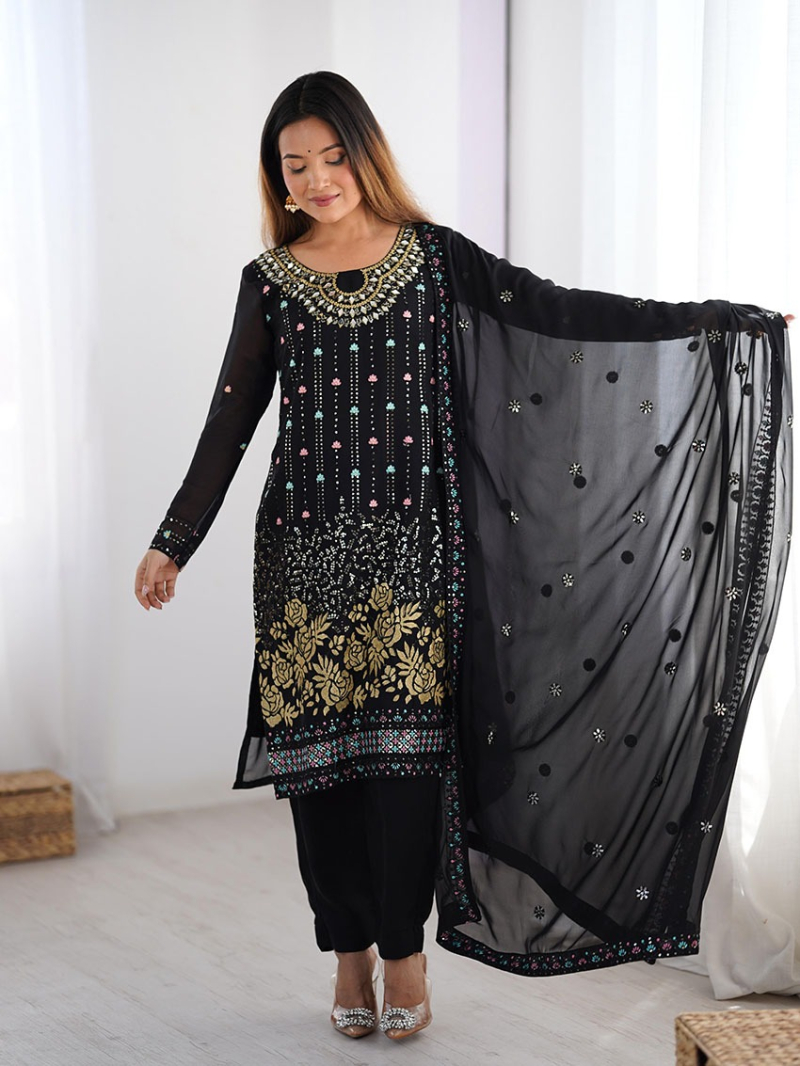 Authentic Ethnic Festive Black Faux Georgette Straight Suit