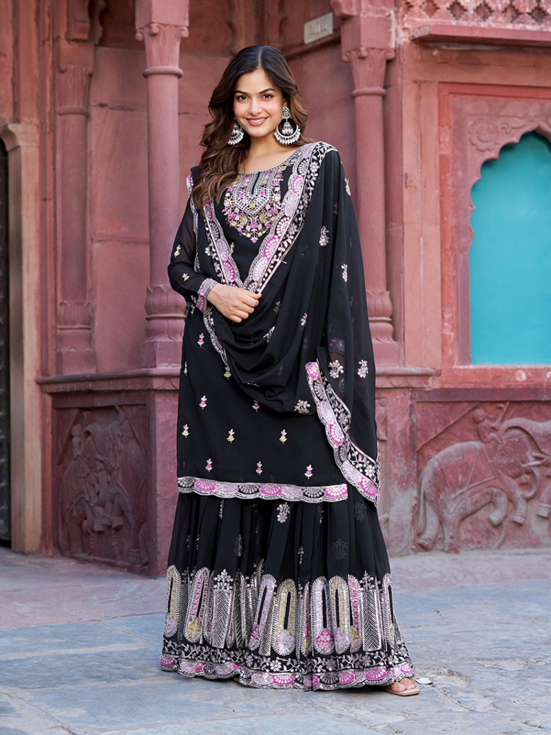 Authentic Ethnic Festive Black Faux Georgette Sharara Suit