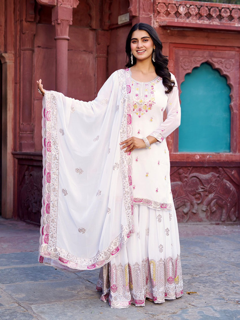 Traditional Ethnic Festive White Faux Georgette Sharara Suit