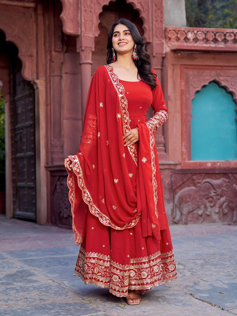 Elegant Ethnic Traditional Crimson Red Georgette Anarkali Suit
