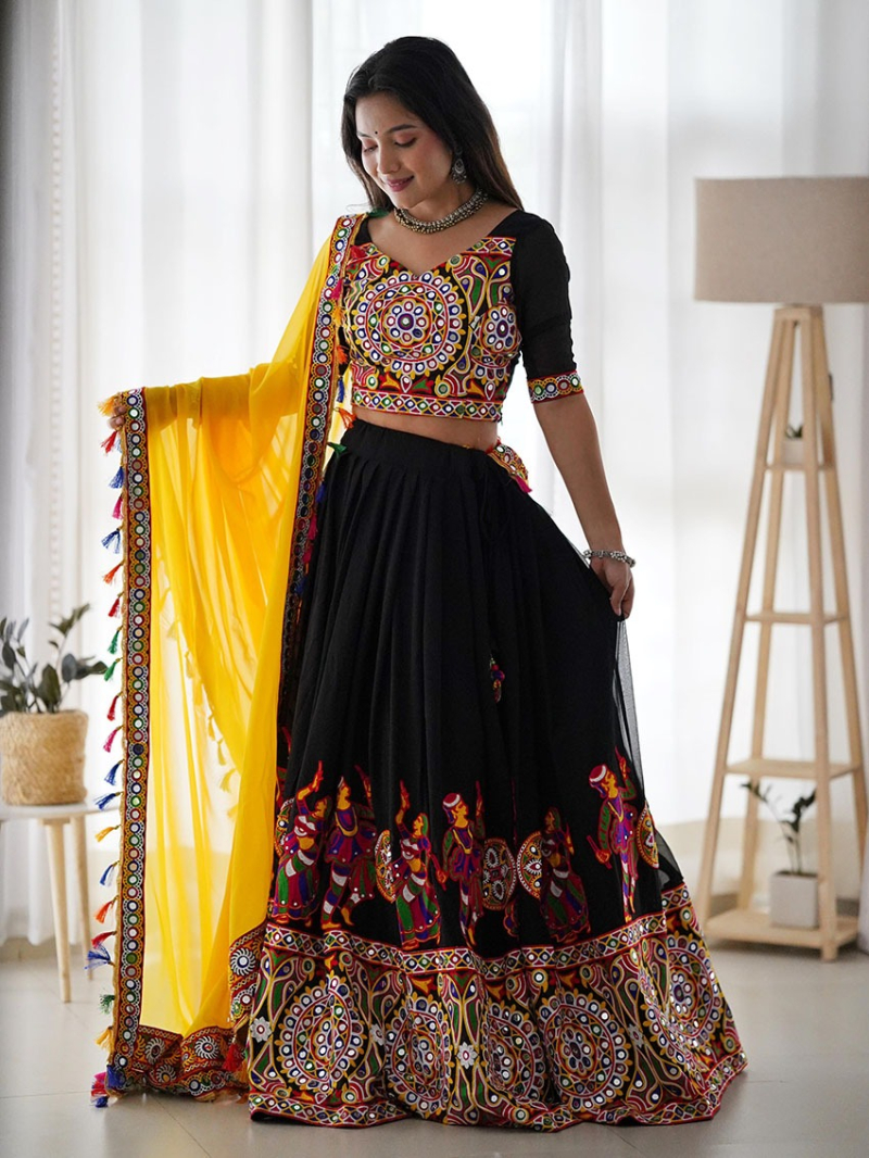 Designer Festive Ethnic Black & Yellow Faux Georgette Lehanga Suit