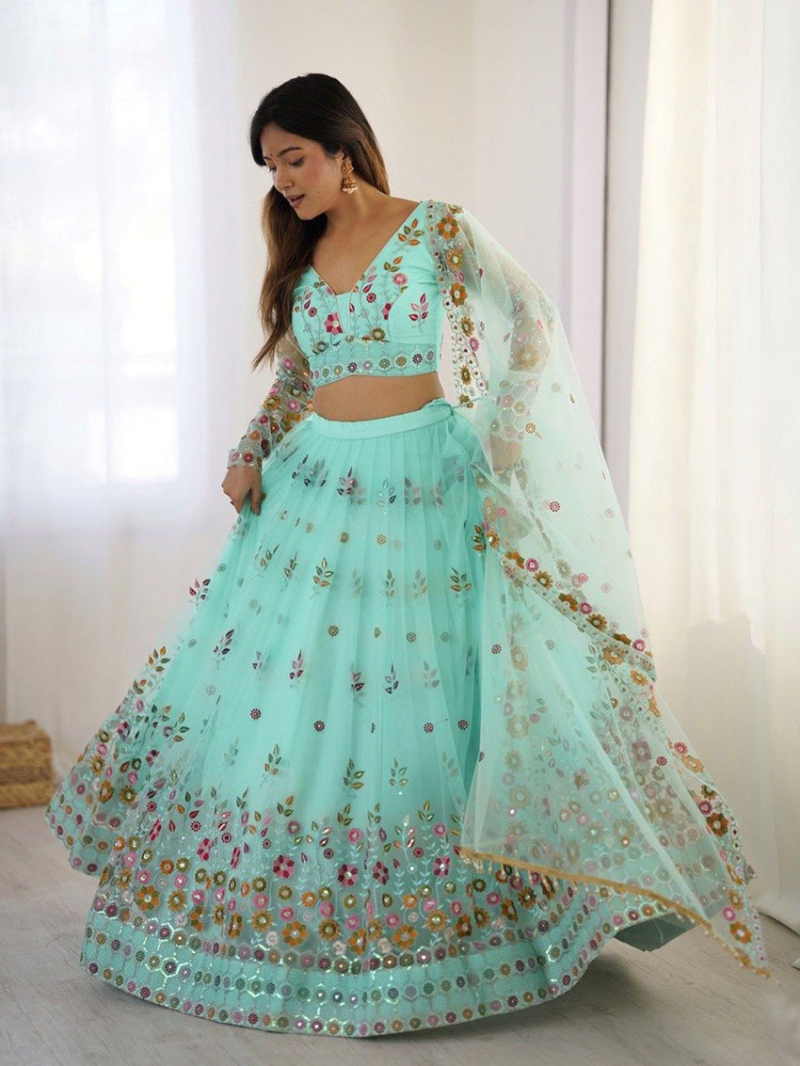 Designer Festive Traditional Turquoise Soft Net Lehanga Suit