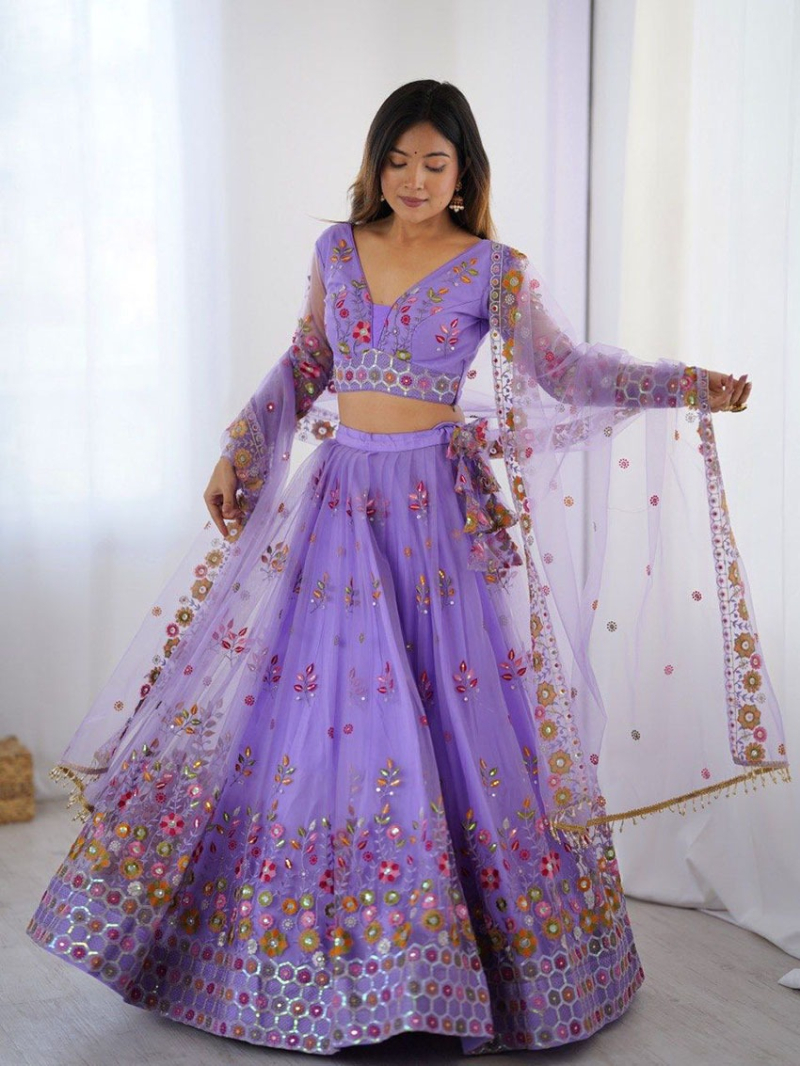 Designer Ethnic Festive Dark Lavender Soft Net Lehanga Suit