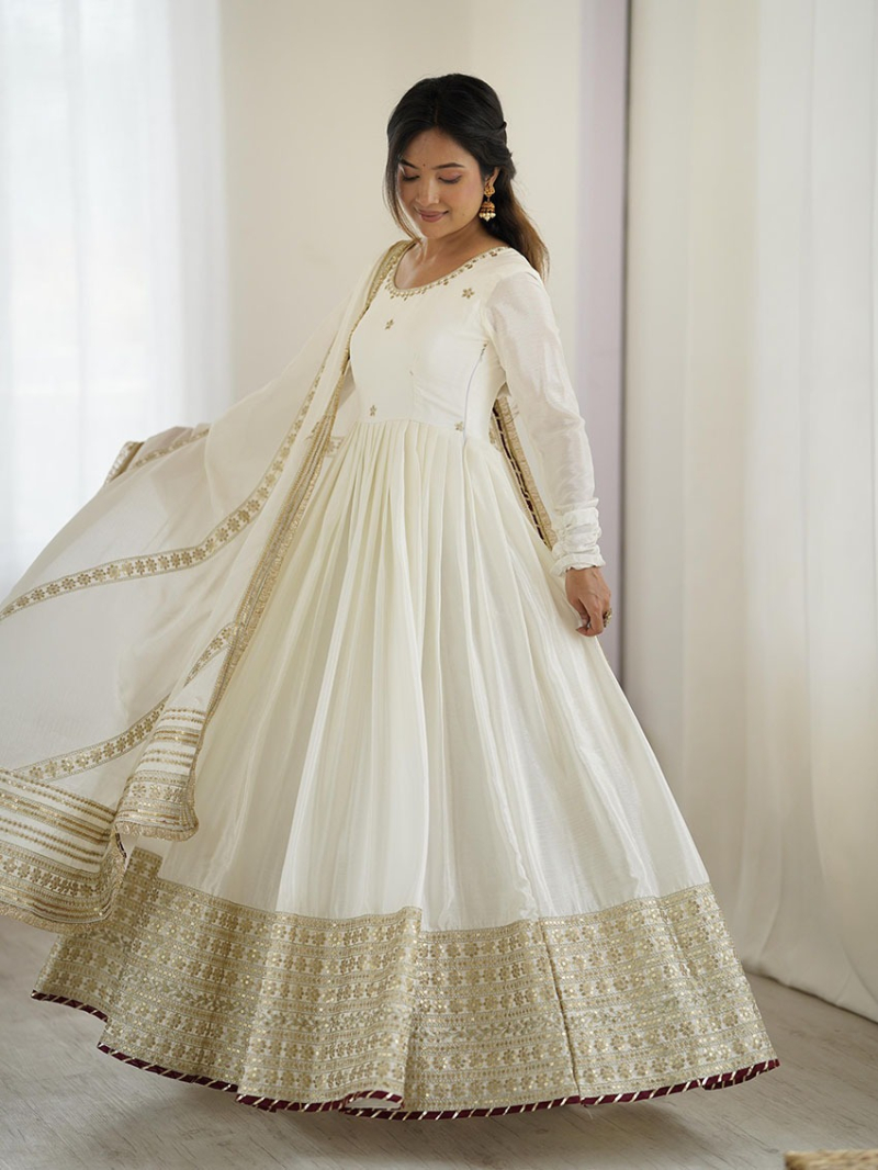 Designer Elegant Traditional White Chinnon Silk Anarkali Suit