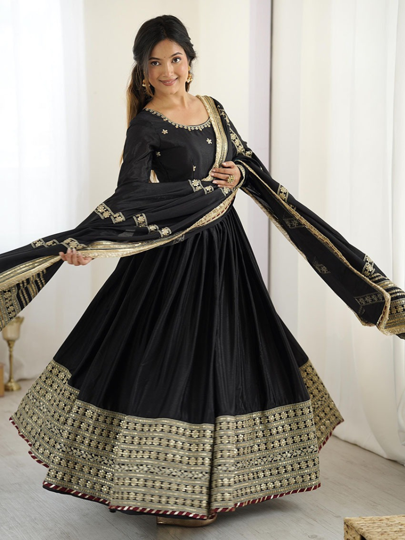 Designer Traditional Festive Black Chinnon Silk Anarkali Suit