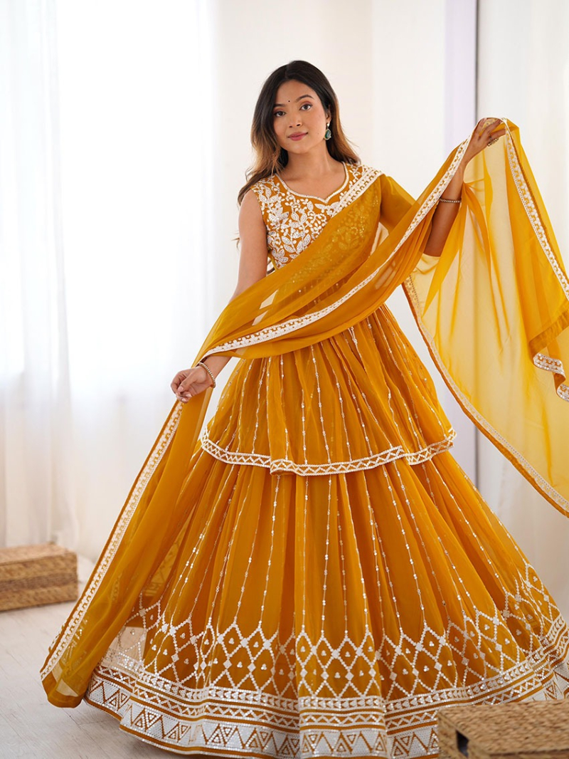 Designer Ethnic Traditional Mustard Faux Georgette Lehanga Suit
