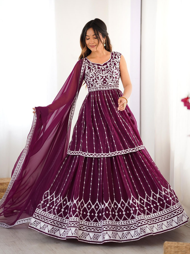 Designer Ethnic Festive Wine Faux Georgette Lehanga Suit