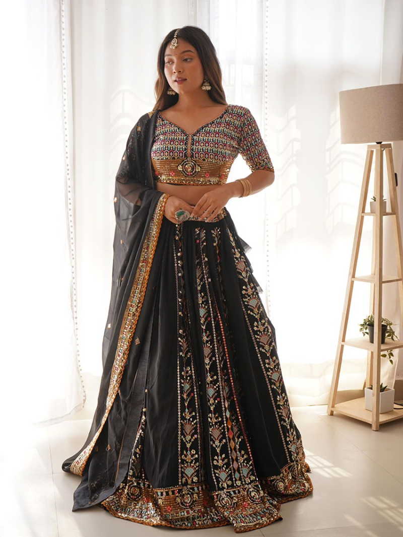 Traditional Ethnic Festive Black Faux Georgette Lehanga Suit