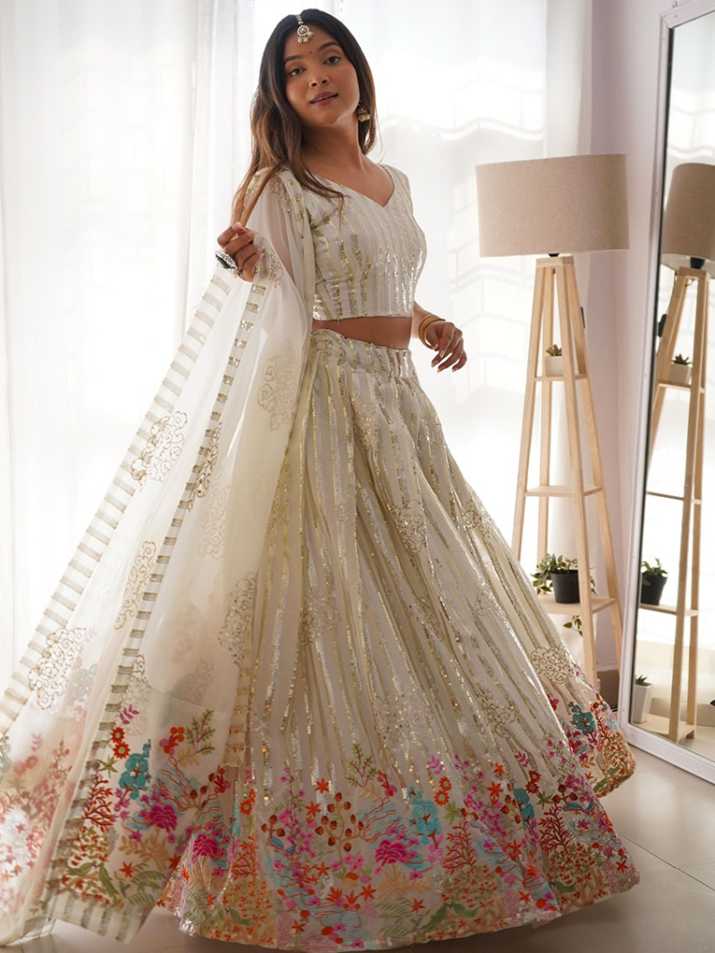Elegant Traditional Ethnic White Georgette Lehanga Suit
