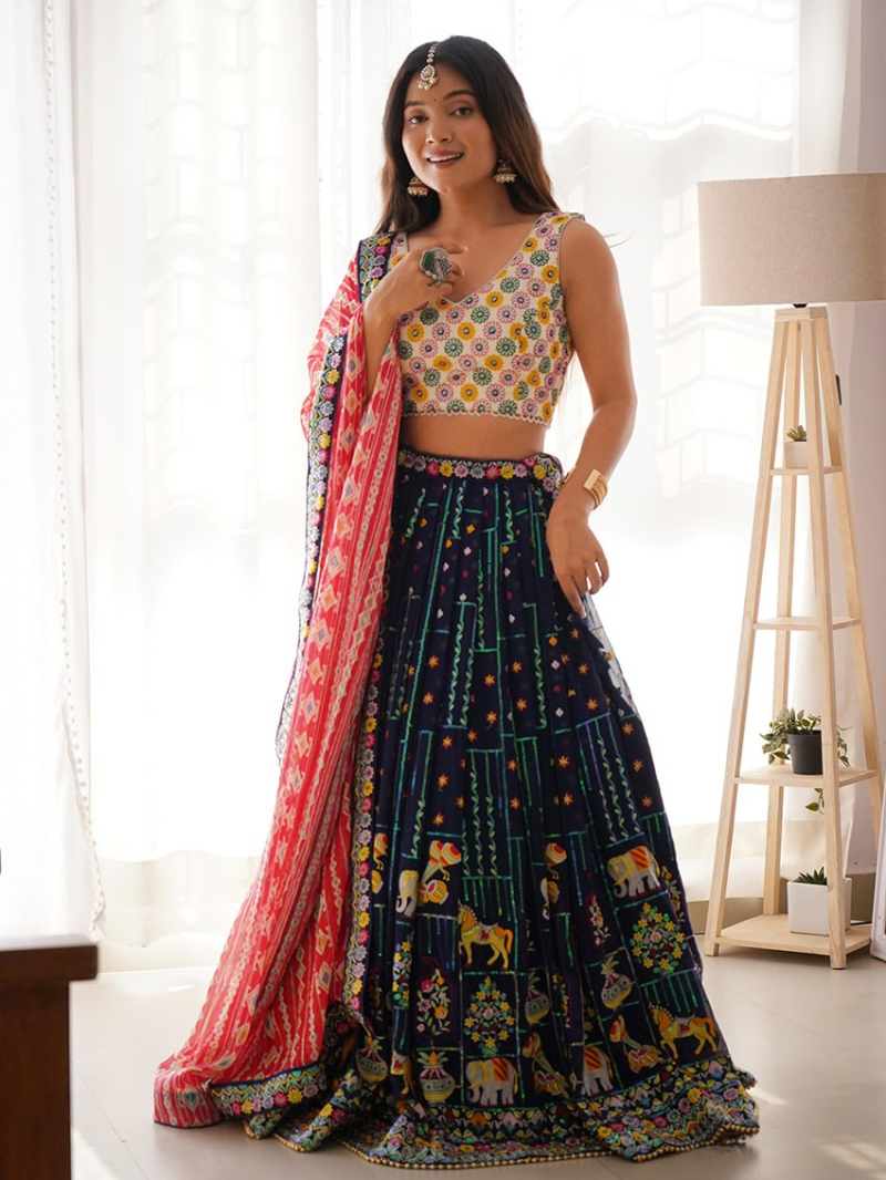 Designer Elegant Ethnic Royal Blue Faux Georgette Lehanga Suit