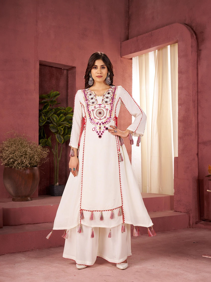 Elegant Ethnic Festive Off White Rayon Plazo Suit