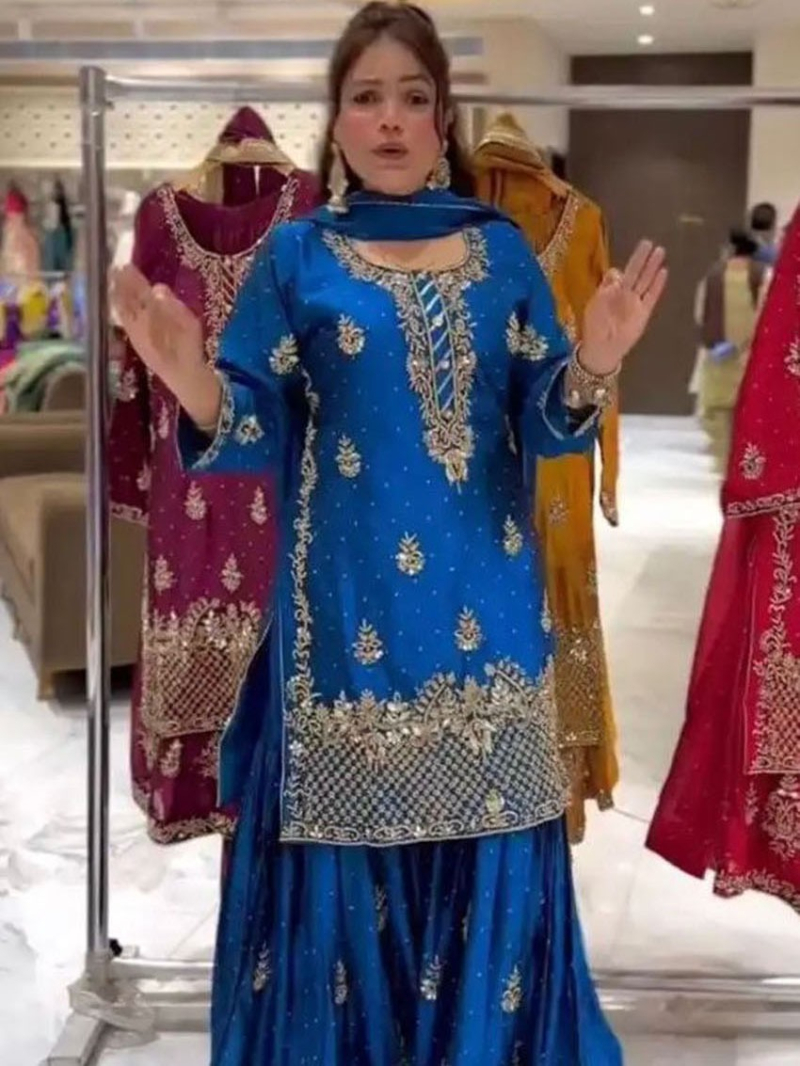 Elegant Ethnic Royal Blue Chinnon Silk Sharara Suit