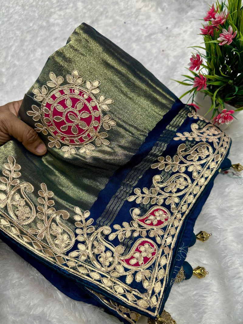 Traditiional Festive Teal Blue Pure Gaji Silk Bhandani Saree