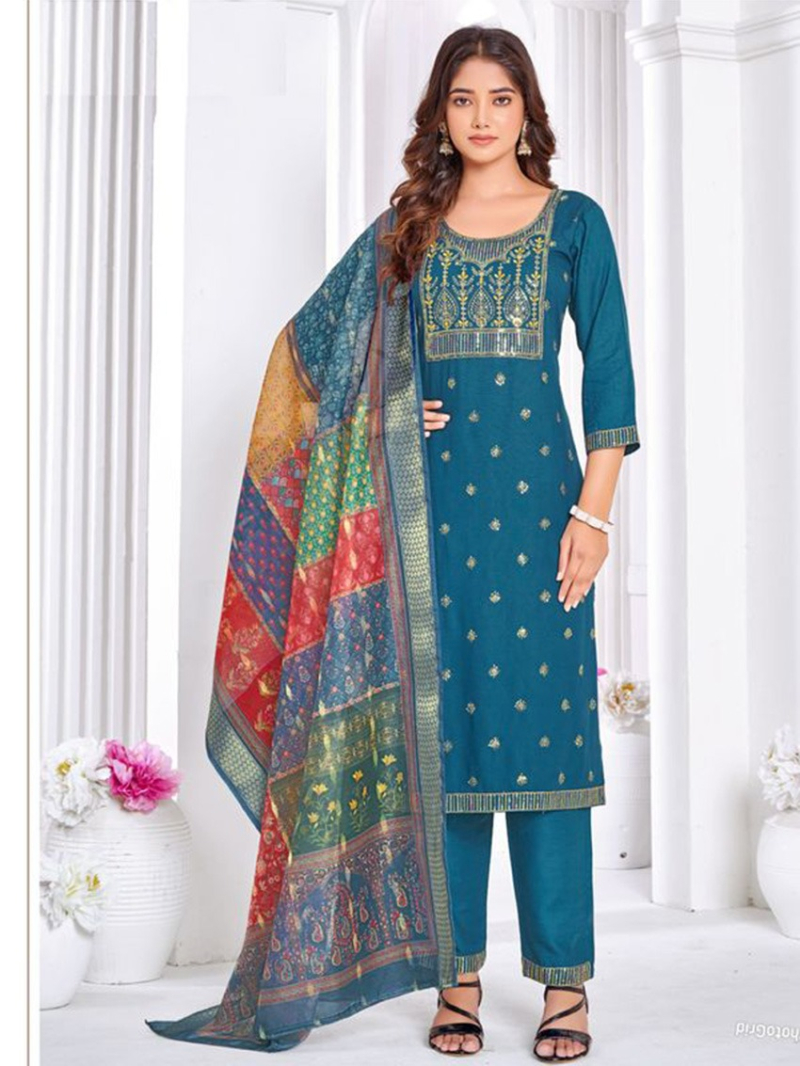 Elegant Casual Embroidered Teal Blue Rayon Straight Suit