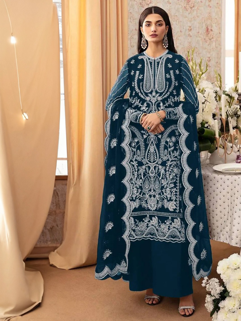 Elegant Traditional Teal Blue Faux Georgette Pakistani Plazo Suit