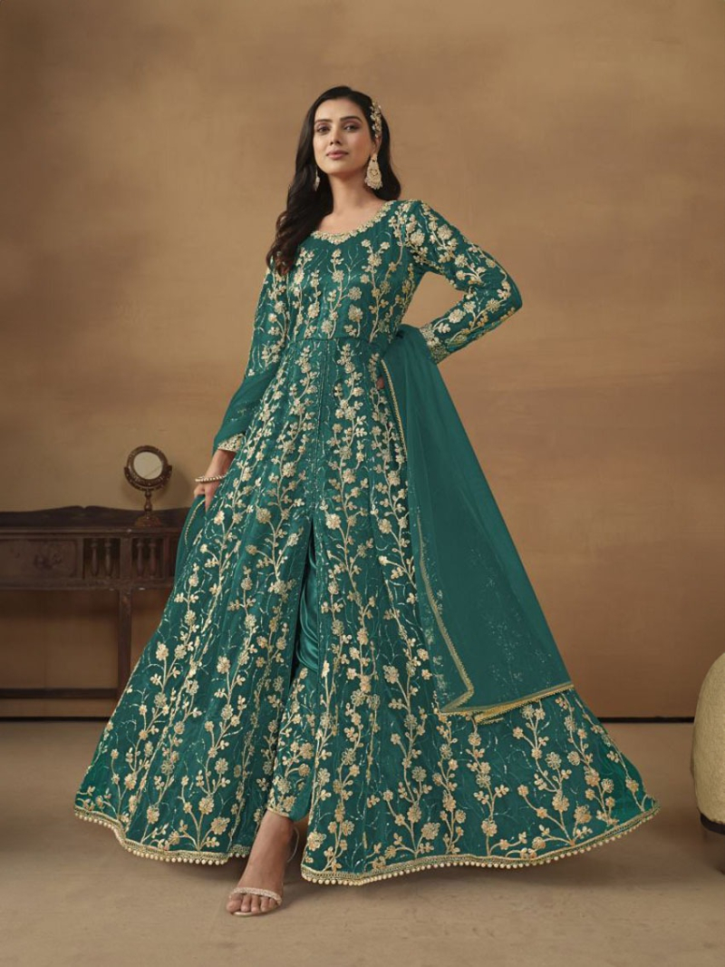 Elegant Traditional Teal Green Butterfly Net Anarkali Suit