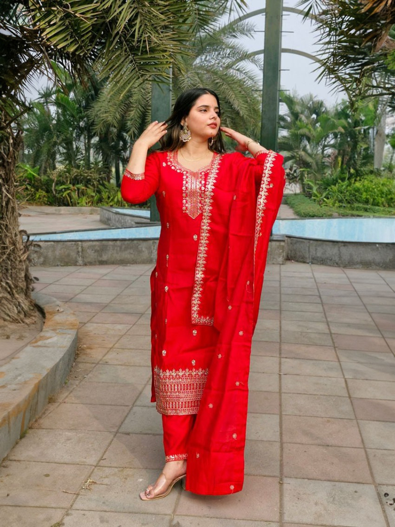 Ethnic Traditional Ethnic Red Roman Silk Straight Suit