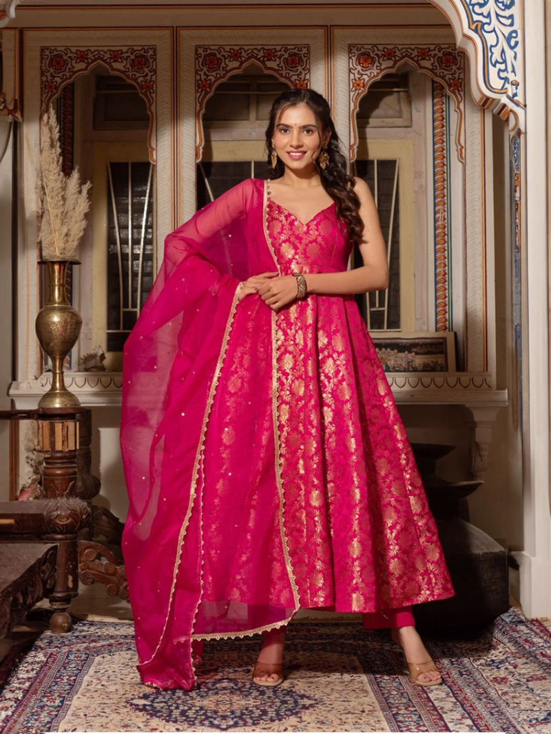 Authentic Ethnic Festive Rani Pink Viscose Jacquard Anarali Suit