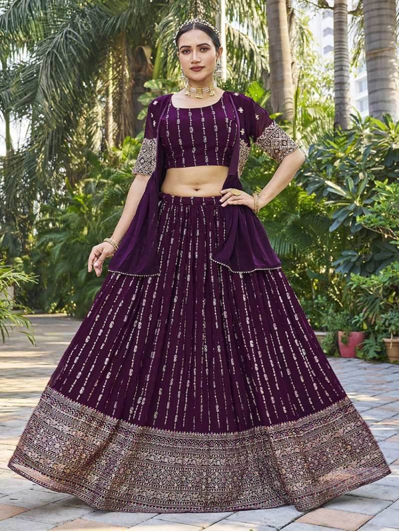 Ethnic Elegant Traditional Festive Dark Wine Georgette Jacket with Lehanga Suit