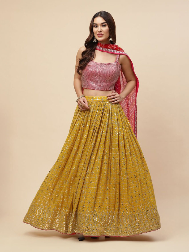 Elegant Designer Ethnic Mustard Georgette Lehanga Suit