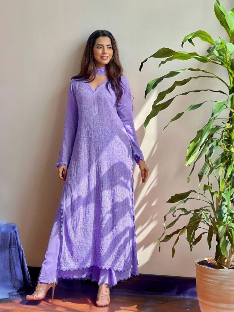Ethnic Festive Lavender Chikankari Long Salwar Kurti Plazo Suit